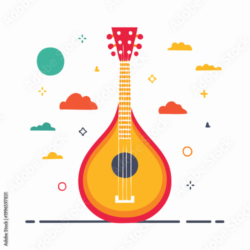 Stylized Illustration of a Mandolin-like Instrument with Clouds