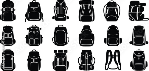 Backpack, black and white silhouette collection with various bag styles, travel and school gear icons, clean vector illustration on plain background.
