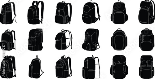 Backpack, black and white silhouette collection with various bag styles, travel and school gear icons, clean vector illustration on plain background.