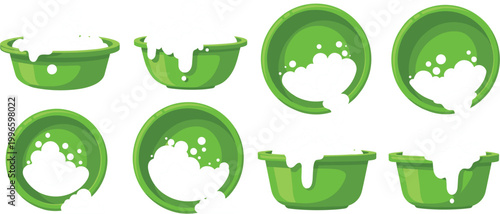 Set of dirty and clean green dishes with soap foam, washing process illustration, kitchen hygiene concept with plates and bowls isolated on white background