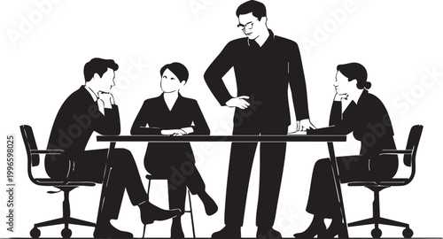 a group of business professionals gathered around a table in a modern office, engaged in a meeting or discussion