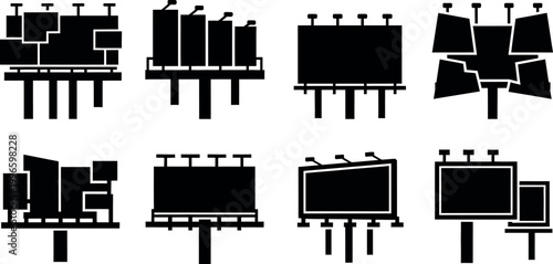 Minimalist flat design vector set of empty billboards and outdoor ad frames for city marketing, retail, or media campaigns. Ideal for commercial, urban planning, or advertising projects.