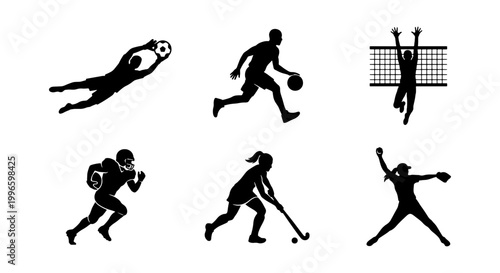 Photos Diverse Sports Silhouettes Collection: Soccer Goalie, Basketball Player, Volleyb