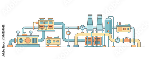 Industrial processing line with pipes valves gauges and machinery showing factory production system engineering workflow and manufacturing technology
