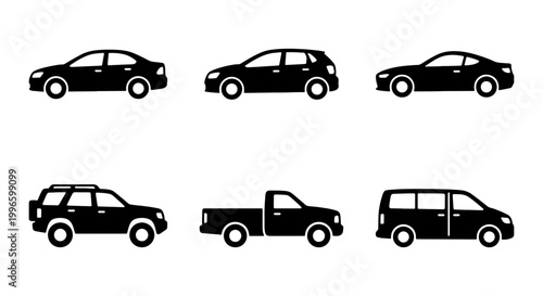 Fotografie Set of Six Black Car Silhouettes, Diverse Vehicle Icons for Automotive Design, T