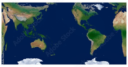 World Map. Gringorten square equal-area projection animation. High detail physical Earth map. Longitude rotation of globe.