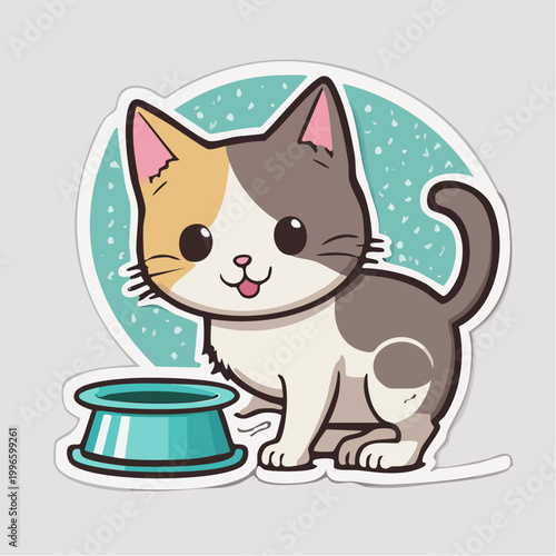 Cute Calico Kitten with Food Bowl