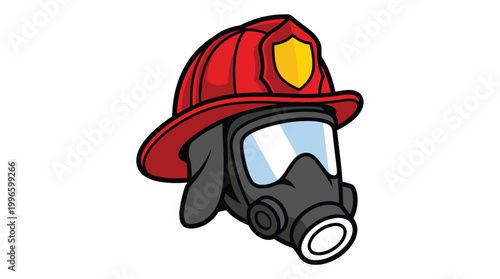 Firefighter Helmet with Gas Mask Illustration Red Protective Gear for Fire Department Safety and Rescue Operations Graphic