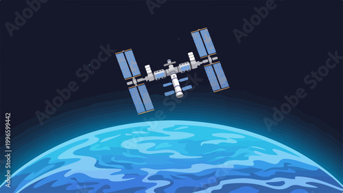 International space station orbiting above earth in dark deep space