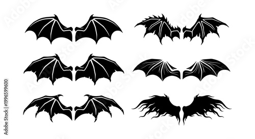 Photos Gothic Bat Wings Vector Set, Dark Fantasy Creature Appendages, Spooky Halloween