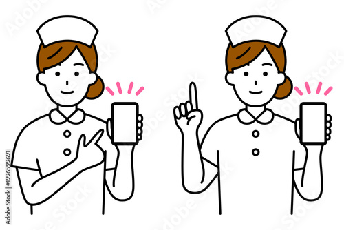スマホの画面を見せる女性看護師　セット