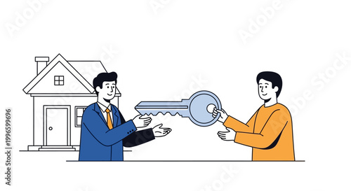 Real estate agent handing over house key to new homeowner in front of house illustration.