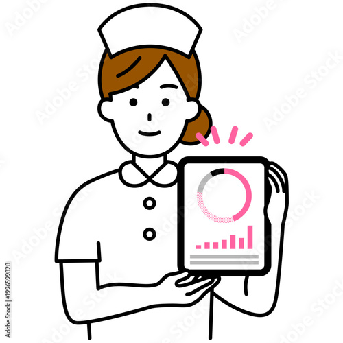 タブレットの画面でグラフを見せる女性看護師