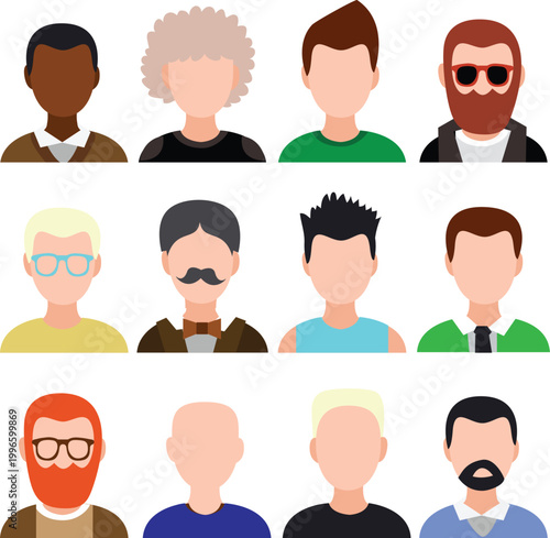 Set of diverse male avatars with different hairstyles, beards and styles, modern flat vector illustration representing people, identity and profiles
