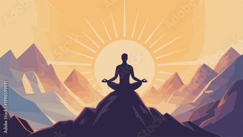 Person meditating in lotus position on mountain top at sunset vector