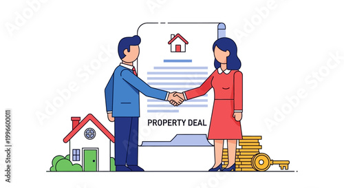 Real estate agents shaking hands over a property deal agreement.