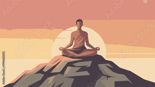 Person meditating on mountain peak during golden hour sunset illustration