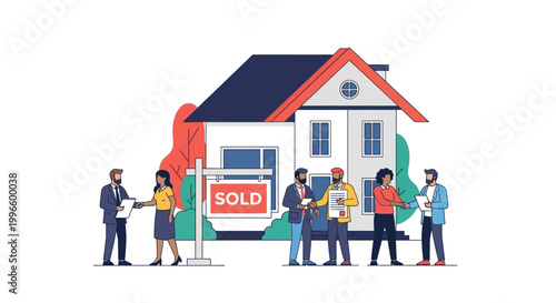 Real estate agents handing over keys to new homeowners in front of a sold house.