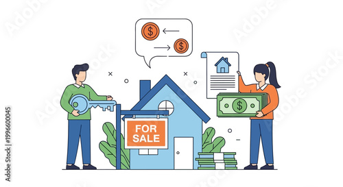 Illustration of a real estate transaction with house for sale and buyers exchanging money and documents.