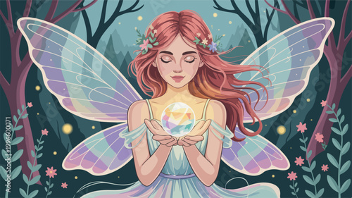 Beautiful fairy with iridescent wings holding glowing magic sphere art