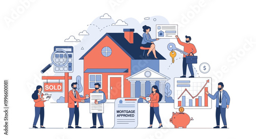 Illustration of real estate transaction process with agents, buyers, and financial elements.