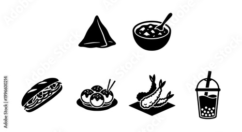Foto Diverse Food Icons Set: Samosa, Soup Bowl, Sub Sandwich, Takoyaki, Tempura Shrim