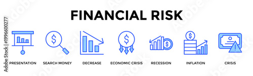 Financial Risk  Banner Web  Icon Set Collection Pack Vector Illustration Concept Containing Presentation, Search Money, Decrease, Economic Crisis, Recession, Inflation, Crisis