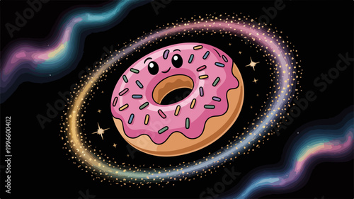 Cute cartoon donut floating in space with colorful nebula rings
