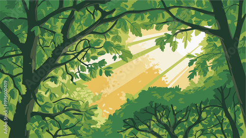 Sunlight rays filtering through dense green forest canopy leaves