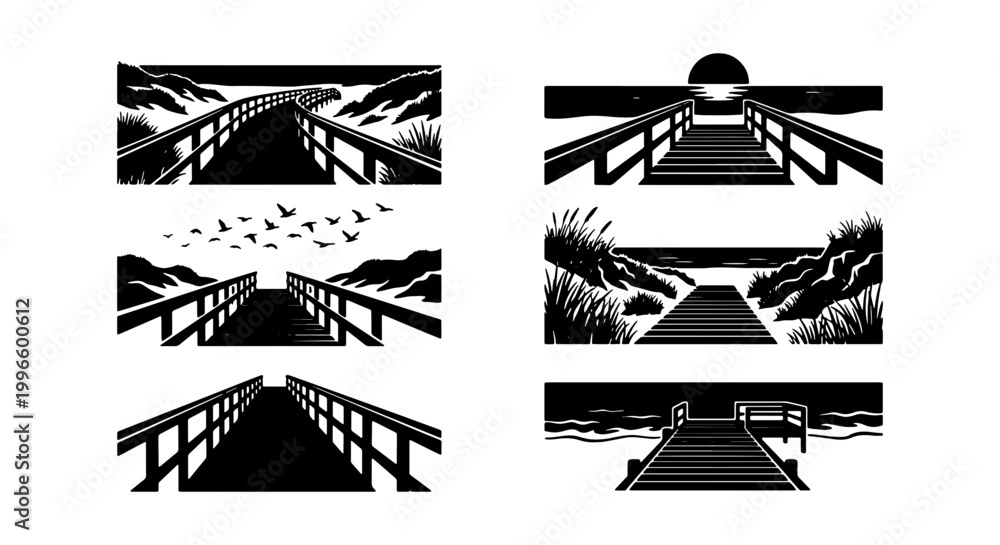 Fototapeta premium Wooden Boardwalk and Pier Vector Icons Set, Coastal Landscape Pathways, Seaside Journey and Vacation Scenes, Black and White Graphic Elements