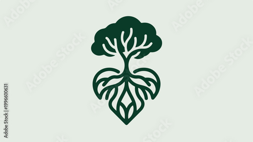 Stylized tree with deep roots growing in circular earth ground design