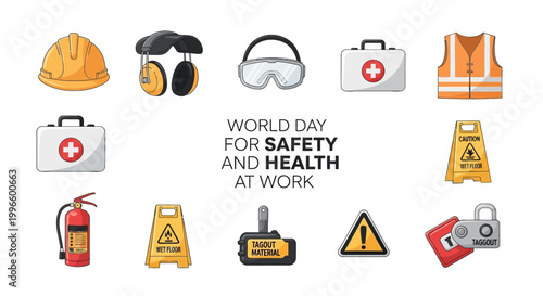 A vector illustration displays safety equipment against a white backdrop, celebrating World Day for Safety and Health at Work, conveying an important message about occupational health
