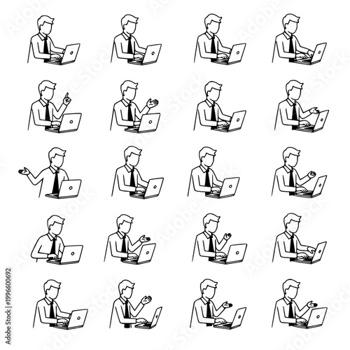 Businessman working on laptop, various poses