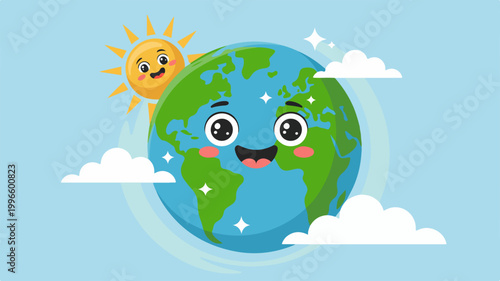 Happy earth character with sun and clouds in light blue sky vector