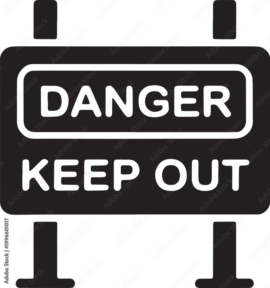 Fototapeta premium Danger keep out warning sign with 2 posts in flat black vector illustration style icon set