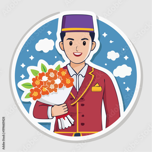 Bellhop holding a bouquet of flowers