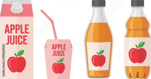 Juice, apple packaging vector set with carton box bottle and drink pack, fresh fruit beverage illustration collection design.