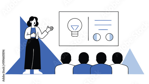 Female teacher or mentor presenting creative ideas to students with a light bulb and geometry chart, concept of education, training workshop, and innovative learning. Flat vector illustration isolated