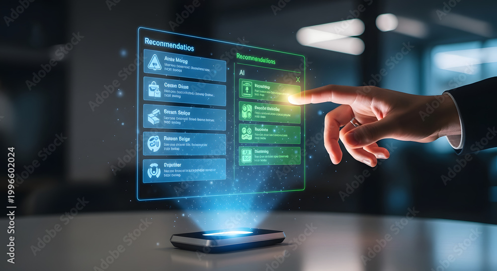 Fototapeta premium A hand interacts with a futuristic holographic interface on a screen in an office environment.
