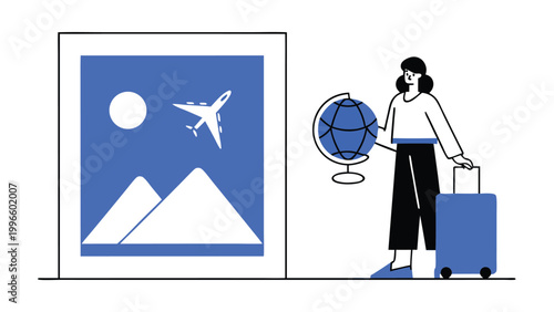 Woman planning a trip with globe, suitcase, and airplane, concept of global travel, vacation planning, international tourism, and summer holidays. Flat vector illustration isolated on white