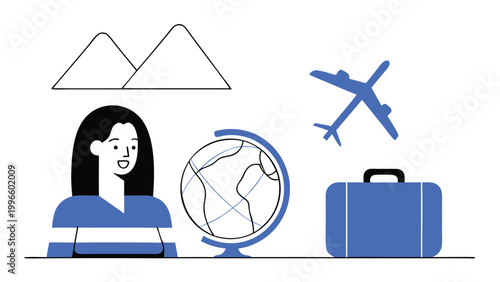 Woman planning a trip with globe, suitcase, and airplane, concept of global travel, vacation planning, international tourism, and summer holidays. Flat vector illustration isolated on white