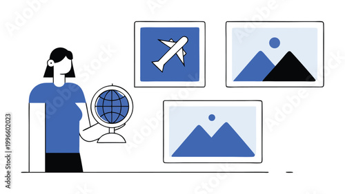 Woman planning a trip with globe, suitcase, and airplane, concept of global travel, vacation planning, international tourism, and summer holidays. Flat vector illustration isolated on white