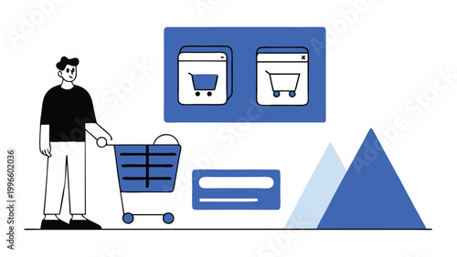 Man shopping online with a trolley and web browser windows, concept of e-commerce, digital marketplace, internet banking, and retail consumerism. Flat vector illustration isolated on white background
