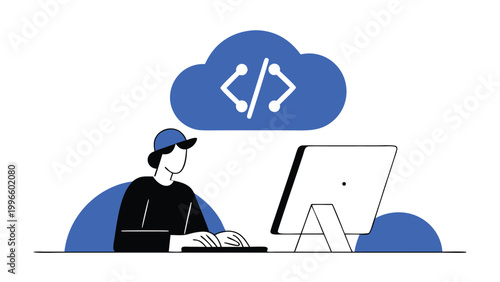 Female programmer working on laptop with cloud computing and data server icons, concept of software development, web coding, and database management. Flat vector illustration isolated on white