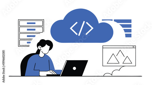 Female programmer working on laptop with cloud computing and data server icons, concept of software development, web coding, and database management. Flat vector illustration isolated on white