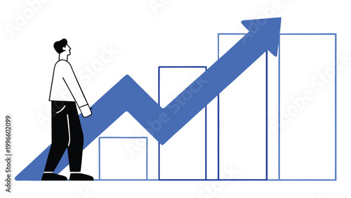 Businessman climbing upward growth arrow with bar charts, concept of business success, financial progress, and career development. Flat vector illustration isolated on white background