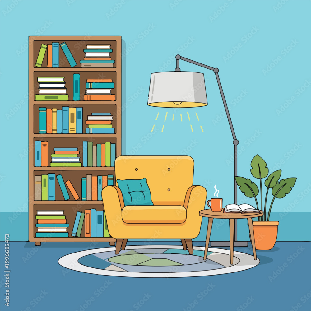 Fototapeta premium Cozy reading nook with chair, bookshelf, and lamp (1)