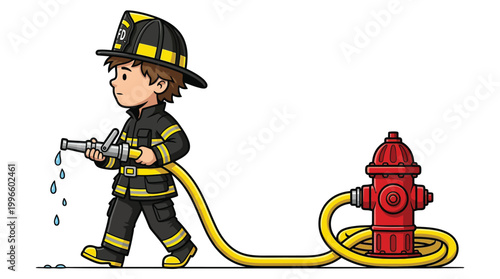 Cute Boy Firefighter Illustration Holding Water Hose and Red Fire Hydrant Vector Cartoon Character for Safety Education and Kids Content