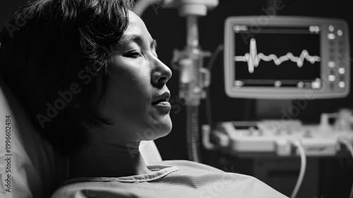 Heart Monitor Signals Capture Hospital Scenes with Patient in Black and White Drama