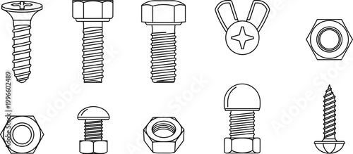Screws, Bolts, and Nuts Icon Set for Hardware, Tools, and Construction Designs